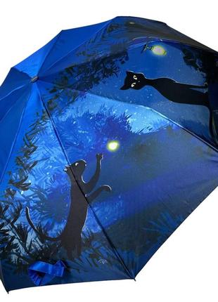 Жіноча парасоля напівавтомат із зображенням нічного міста та чорної кішки від frei regen, синій, 03055-5