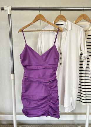 Фиолетовое льняное платье zara с драпировкой 💜💜