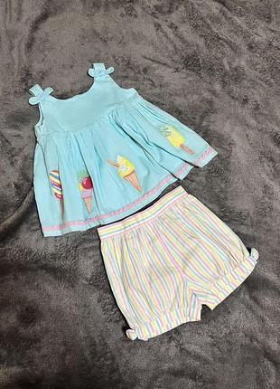 Легкий детский голубой костюм для девочки 18-24 мес. комплект: платье-туника и шортики