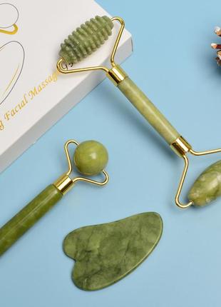 Нефритовий набір 3 в 1 скребок гуаша + нефритовий ролер для обличчя + роликовий...