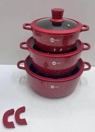 Набор гранитной посуды с силиконовыми крышками красный (8 предметов) higher kitchen нк-325