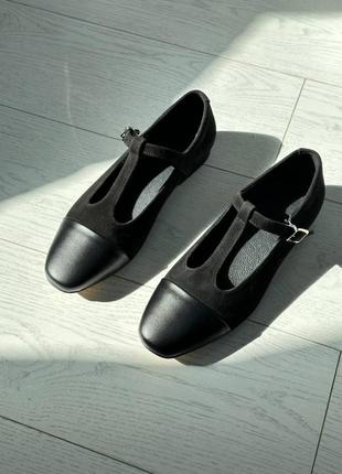 Туфли женские велюровые черные с вставками кожи