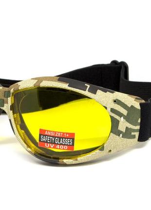 Захисні тактичні окуляри з ущільнювачем global vision eliminator camo pixel (yellow), жовті в камуфльованій оправі