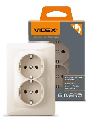 Розетка подвійна із заземленням кремова videx binera
