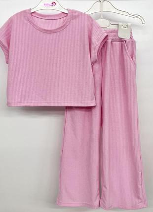 Костюм двойка детский подростковый, для девочки, рубчик, футболка, штаны - палаццо, розовый