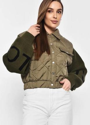 Стильная укороченная женская куртка легкая укороченный бомбер женский стеганный бомбер куртка-жилетка куртка с вязаными рукавами