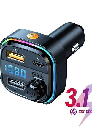 Fm модулятор bluetooth 3,1 а швидка зарядка, з кольоровою підсвіткою rgb, 2 usb + type-c.