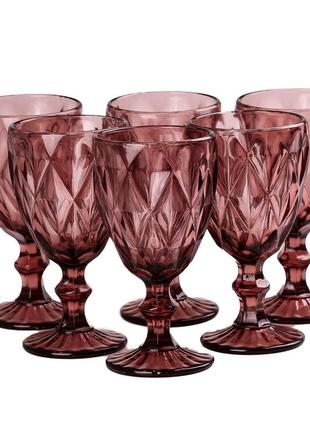 Скляні келихи з гранями набір келихів для вина 6 штук фужери для вина рожевий `ps`