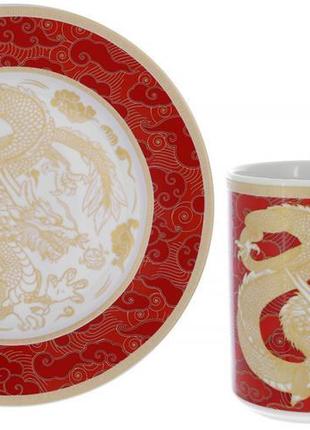 Чайна пара "золотий дракон на червоному" кружку 500 мл, тарілка ø20 см, порцеляна