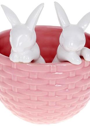Декоративное кашпо "кролики в корзинке" 14х13.5х15см, керамика, розовый с белым