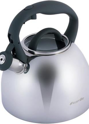 Чайник kamille whistling kettle 2.7 л з неіржавкої сталі зі свистком і скляною кришкою (сіра ручка)