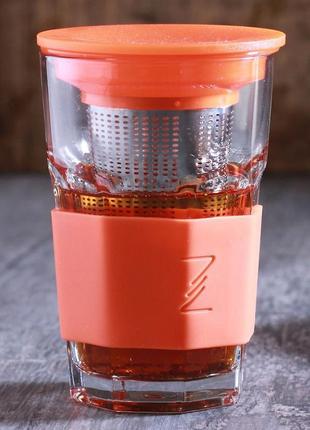 Стакан-заварник zestglass original 415мл с металлическим ситечком и силиконовой защитой (оранжевый)