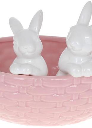 Декоративне кашпо "кролики в кошику" 20х15х14.5 см, кераміка, рожевий із білим