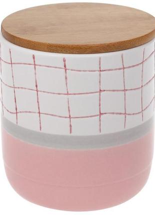 Банка фарфоровая "клетка" для сыпучих продуктов 900мл с деревянной крышкой, белый с розовым
