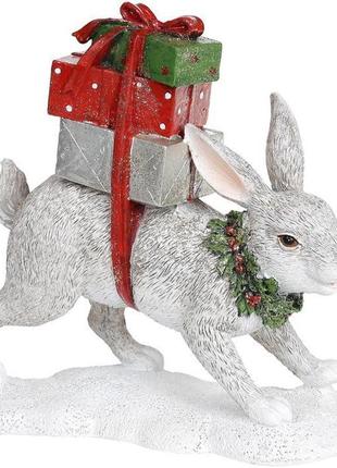 Декоративна статуетка "сірий заєць із подарунками" 19.5х7.5х18см, полістоун