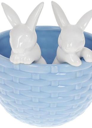 Декоративне кашпо "кролики в кошику" 14х13.5х15 см, кераміка, блакитний із білим