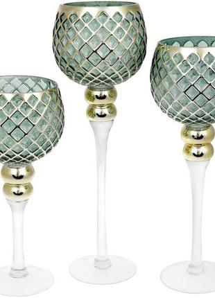 Набір 3 скляних свічники ferdeus 30 см, 35 см, 40 см, зелений із золотом