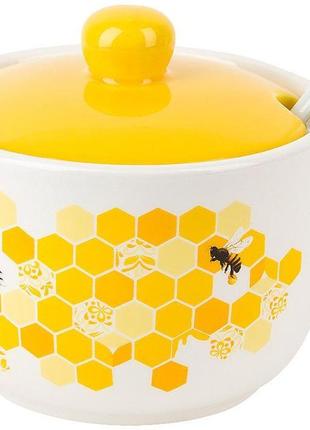 Керамическая сахарница с керамической ложкой "sweet honey" 450мл, белая с желтым