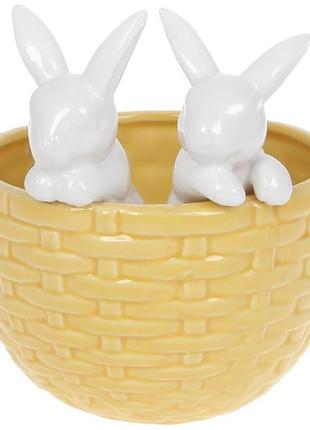 Декоративне кашпо "кролики в кошику" 14х13.5х15.2 см, жовтий із білим
