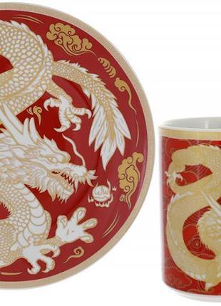 Чайна порцелянова пара "золотий дракон на червоному" кружку 500 мл, тарілка ø20 см
