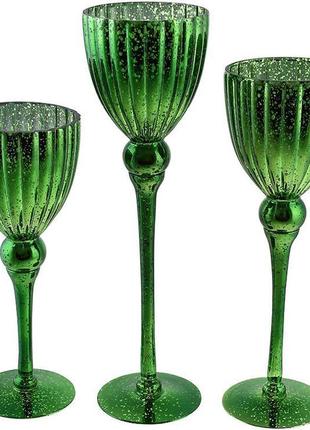 Набір 3 скляних свічники catherine 30 см, 35 см, 40 см, різдвяний зелений