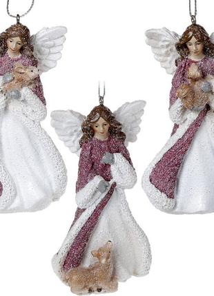 Набір 6 підвісних статуеток "ангел" 10 см, полістоун, білий із бордовим