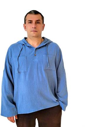 Мужская туника натуральная хлопковая с капюшоном и длинными рукавами муслиновая синяя рубашка свободного кроя