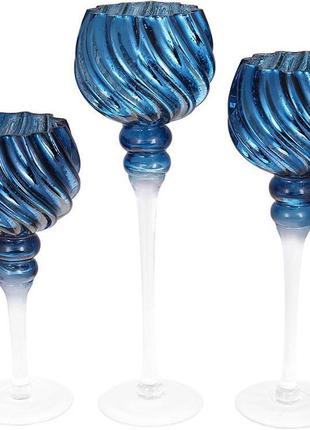 Набір 3 скляних свічники catherine 30 см, 35 см, 40 см, синій блюмарин