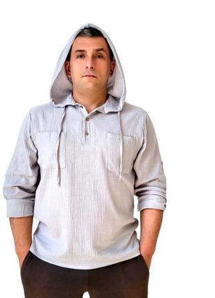 Мужская муслиновая серая туника свободного кроя хлопковая рубашка с капюшоном для отдыха и рыбалки