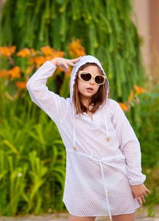 Дитяча пляжна легка туніка бавовняна біла накидка з капюшоном для пляжу