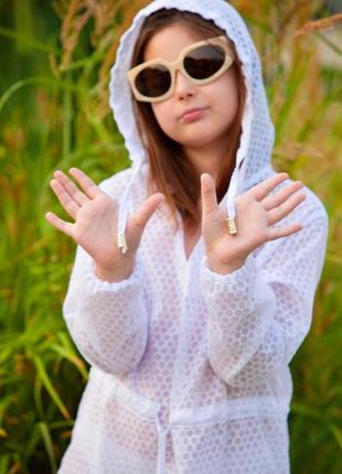 Дитяча пляжна легка туніка бавовняна біла накидка з капюшоном для пляжу