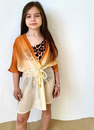 Детская шифоновая пляжная накидка бежево-шоколадного цвета универсальная туника для девочки