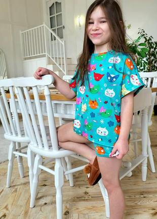 Трикотажная пижама из вискозы футболка оверсайз и шорты легкий домашний костюм для девочки