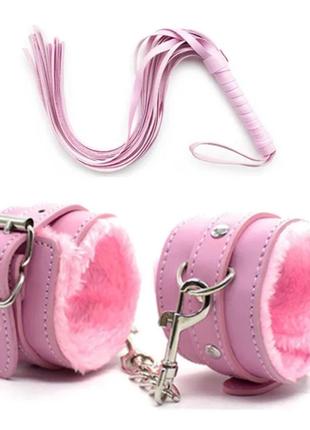 Розовый комплект наручники + кнут стек