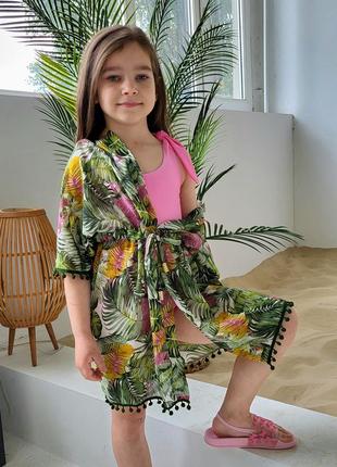 Детский шифоновый пляжный халат с тропическим принтом легкая невесомая туника для девочки