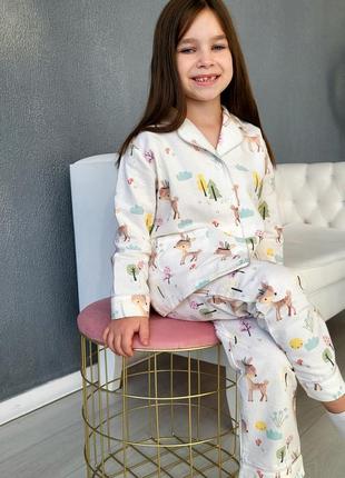 Фланелевая пижама детская рубашка и штаны " олени бемби" байковая пижама для девочки белая