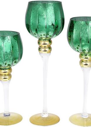 Набір 3 скляних свічники catherine 30 см, 35 см, 40 см, золото із зеленим