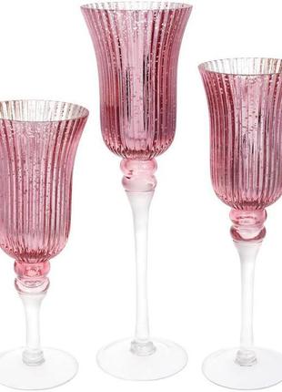 Набір 3 скляних свічники preeti 30 см, 35 см, 40 см, рожевий зі сріблом