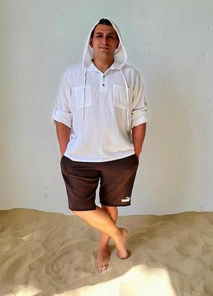 Мужская белая пляжная туника из муслина свободного кроя рубашка с капюшоном для отдыха