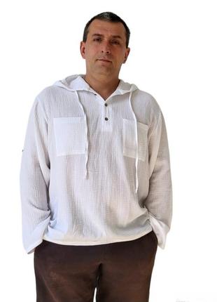 Чоловіча біла пляжна туніка з мусліну вільного крою сорочка з капюшоном для відпочинку