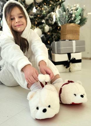 Детские теплые тапки для дома в виде белых медведей