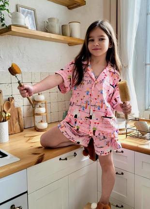 Детская шелковая стильная пижама шорты и рубашка на кнопках свободного кроя