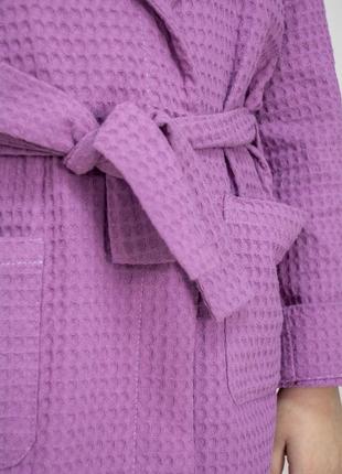 Халат для девочки с капюшоном и поясом вафельный натуральный теплый для дома и бассейна фиолетовый5 фото