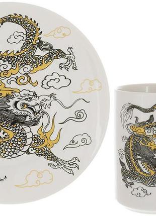 Чайная фарфоровая пара "дракон на белом" кружка 500мл, тарелка ø20см