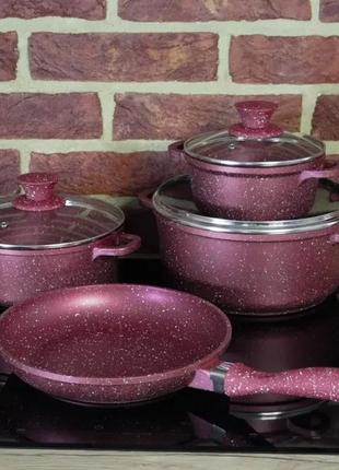 Набор посуды для дома со сковородой, гранит, круглый коричневый ( 7 предметов)4 фото