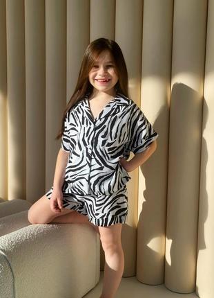 Пижама детская рубашка и шорты с принтом зебры натуральная вискозная пижама для девочки