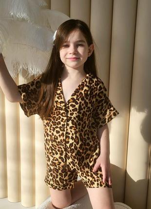 Детский домашний костюм рубашка и шорты с леопардовым принтом для девочки