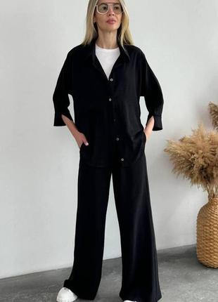 Жіночий легкий зручний прогулянковий однотонний костюм двійка сорочка та штани вільного крою норма