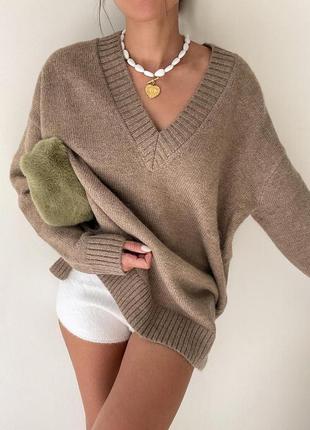 Вовняний оверсайз светр з v-подібним коміром, альпака, шерсть zara