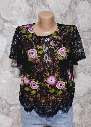 Женская футболка, футболка цветочный принт, черная футболка гипюр, распродажа, женская одежда, футболка с вышивкой